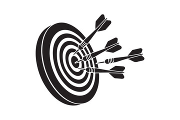 Simple black silhouette dart hitting target vector art on white background
