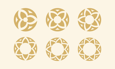 Geometric mandala golden shapes with symmetrical petals. Floral ornaments in arabic style. Suitable for logos, branding, decorative design, patterns, and modern minimal backgrounds