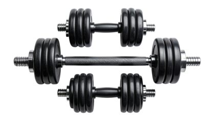 Assortment of black dumbbells and barbell isolated on black background for fitness use