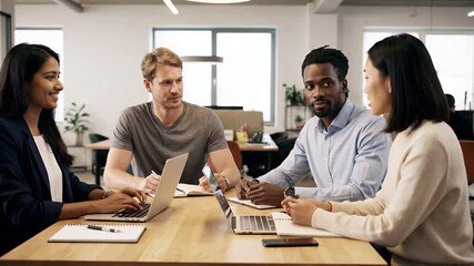 Diverse business team collaborating around a table with laptops