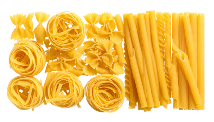 A flat lay of assorted dry pasta shapes on a black background, including bowties, spaghetti nests, and tubes
