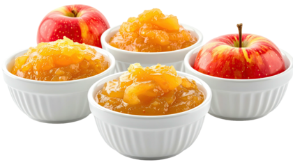 Assortment of apple sauce in white bowls next to whole apples on a transparent background