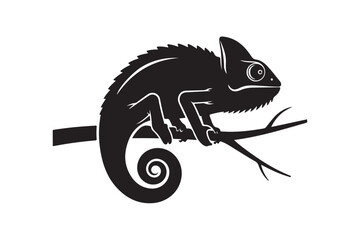 Stylized black silhouette of a happy chameleon on a branch vector illustration