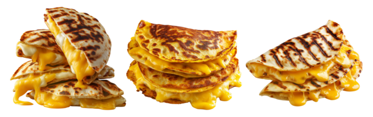 Grilled cheese quesadilla or Cachapas sweet corn pancakes with melted white cheese stacked, isolated on white background