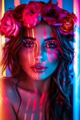 Naklejka premium Glamorous Woman with Flower Crown in Neon Lights Creative Portrait