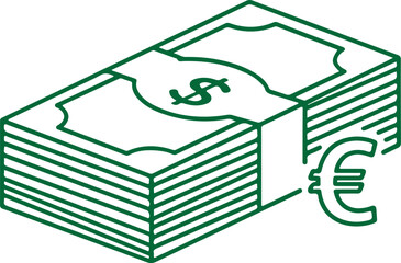 Green line art vector of a thick stack of cash bound by a currency strap, featuring a dollar sign and a Euro symbol to represent global finance, banking, and wealth.