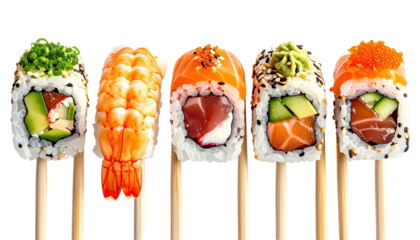 Assortment of colorful sushi rolls on sticks against a black backdrop, showcasing details
