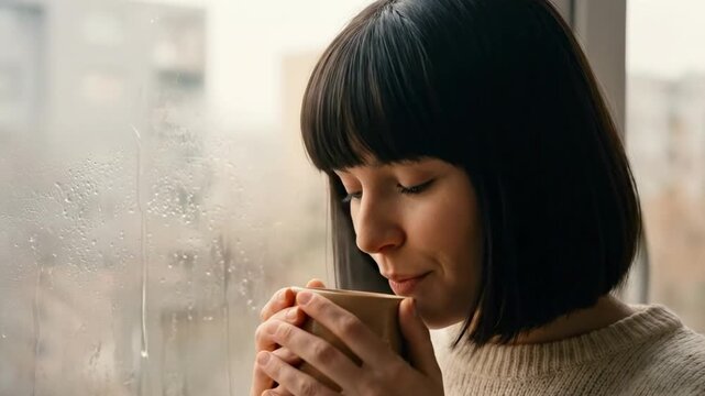 blunt cut bob with bangs - A woman with dark hair stands by a rainy window, holding a warm cup, gazing thoughtfully outside, embodying a serene moment of reflection and coziness