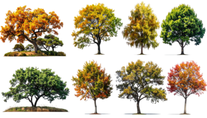 Assortment of digitally rendered trees displaying vibrant foliage against a black background