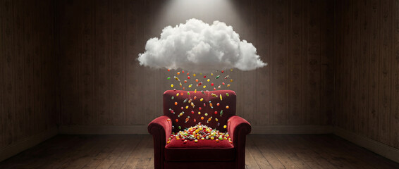 Cloud raining candy onto red velvet armchair