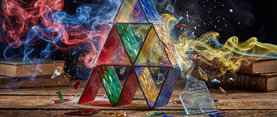 Stained glass house of cards shattering into pieces