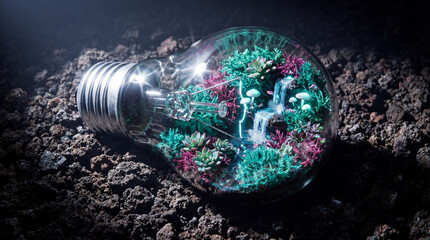 Lightbulb holding vibrant ecosystem with glowing mushrooms