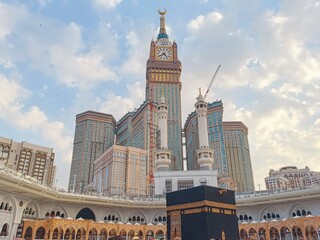 The Kaaba in the day with the Clock Tower in the background