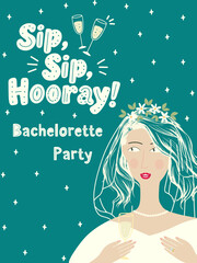 Bride celebrating bachelorette party with champagne toast vector illustration