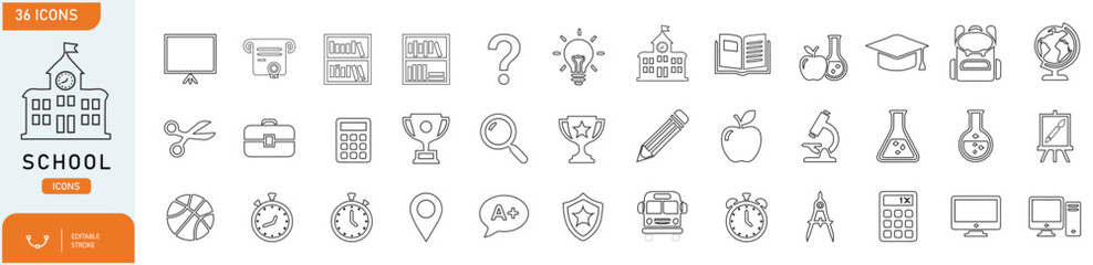 Complete Education Icon Set Featuring School, College, University, Books, Science, Learning Tools, Academic Symbols, Online Study, Classroom Objects and Knowledge Elements for Website, App and UI Desi
