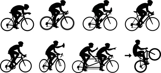 Naklejka premium Silhouettes of cyclists racing and riding bicycles, collection of dynamic sports figures, isolated on transparent background, graphic design