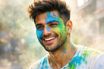 Joyful celebration of holi with vibrant colors on happy young man's face outdoors