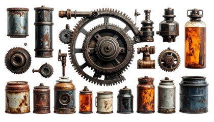 Assortment of intricate, rusty mechanical components and jars, set against a stark black backdrop