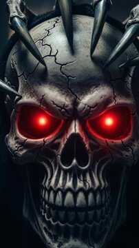 Menacing horned skull with glowing red eyes in dark fantasy art scene.