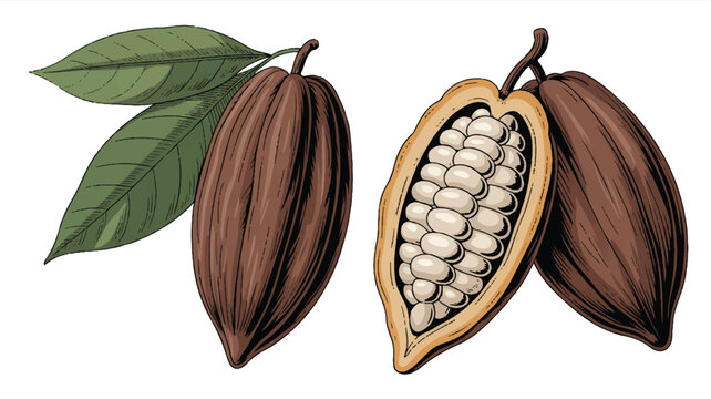 A detailed botanical illustration of cocoa pods and leaves. On the left, a single dark brown cocoa pod with deep striations and a single large green leaf attached (2)_traced