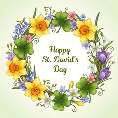 Happy St. David&rsquo;s day greeting card with daffodils, floral border and welsh national day spring flowers
