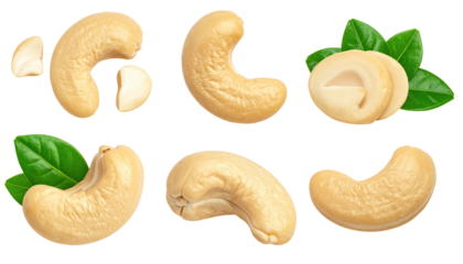 Assortment of shelled nuts with cut pieces and green leaves against a transparent backdrop