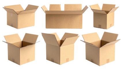 Assortment of six open and empty cardboard boxes, arranged on a neutral background