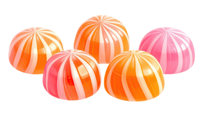Assortment of striped, translucent, dome-shaped confections. Presented with a solid black background