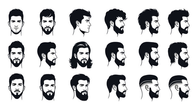collection of male hairstyles and beard styles in silhouette showcasing diverse modern and classic looks for men beauty and fashion graphic design elements isolated on white