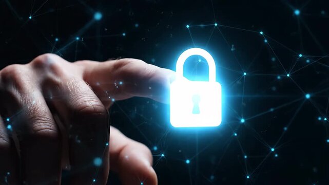 A finger touches a glowing padlock icon against a dark digital network.