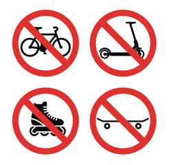 No bikes skates scooters skateboards allowed prohibition icon set, red circle warning symbols © Vector Gallery
