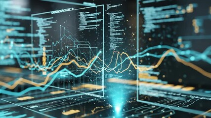 Futuristic data analysis interface with digital graphs and code. - Powered by Adobe