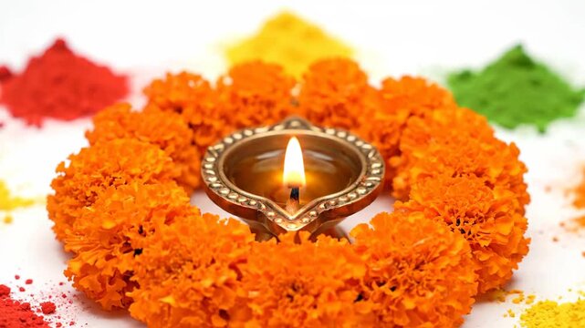 Traditional Diya Lamp Marigold Garland and Colorful Holi Rangoli Powder