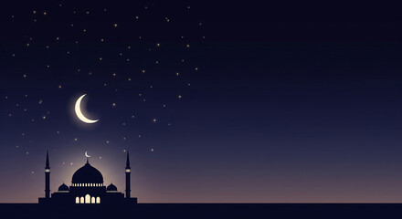 Obraz premium Minimal Eid Mubarak Night Sky Background with Mosque Silhouette