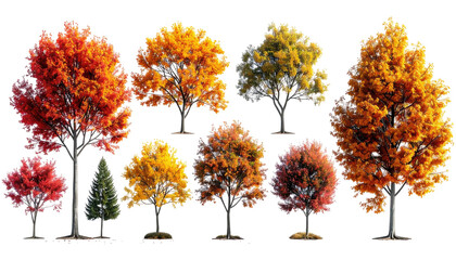 Assortment of vibrant trees in various sizes, showcasing autumnal foliage