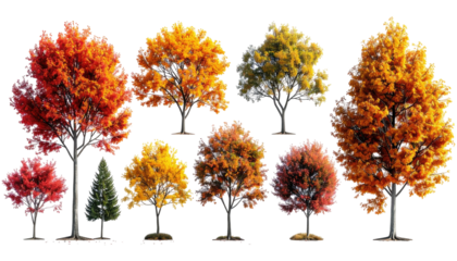 Assortment of vibrant trees in various sizes, showcasing autumnal foliage