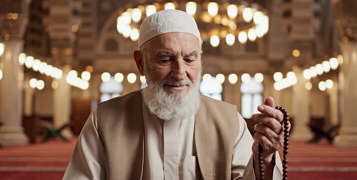 Elderly Muslim man with a white beard holding prayer beads in a mosque, engaged in spiritual contemplation.