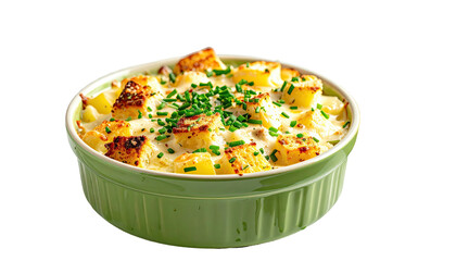 Baked potato dish in a green ceramic dish, topped with fresh herbs, isolated on black background