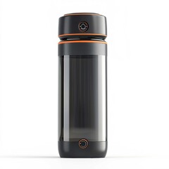 Black and orange smart water bottle for fitness and outdoor activities, isolated on white background