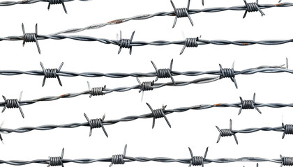 Barbed wire, arranged horizontally, on a solid black background, showing metal texture