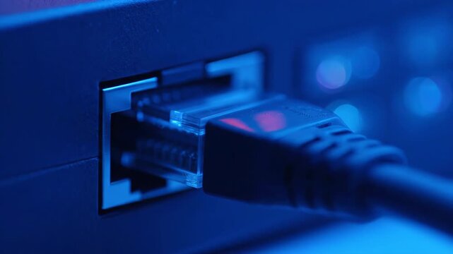 Close up of an ethernet cable being plugged into a router with blue lighting.