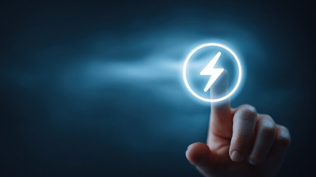 Finger touches glowing electric power icon in low light, suggesting energy control, fast charging and digital interaction in sleek futuristic concept scene