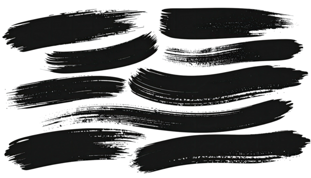 Black abstract brushstrokes on a transparent background, creating a textured pattern - Powered by Adobe