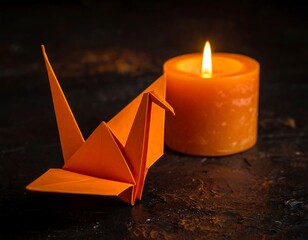 Orange origami crane next to a burning orange candle