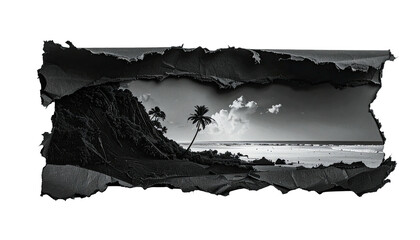 Black and white landscape of a beach scene viewed through ripped cardboard