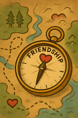 Compass pointing to friendship on a vintage treasure map