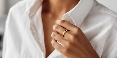 Close up of a minimalist gold ring worn on a female hand against a white shirt.