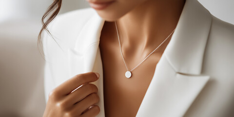 Minimalist silver necklace with a round pendant worn on a woman&rsquo;s neck, styled with a white blazer.