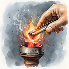 Hand placing glowing coal onto a hookah bowl