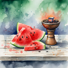 Watercolor Watermelon and Hookah Bowl on Wooden Table